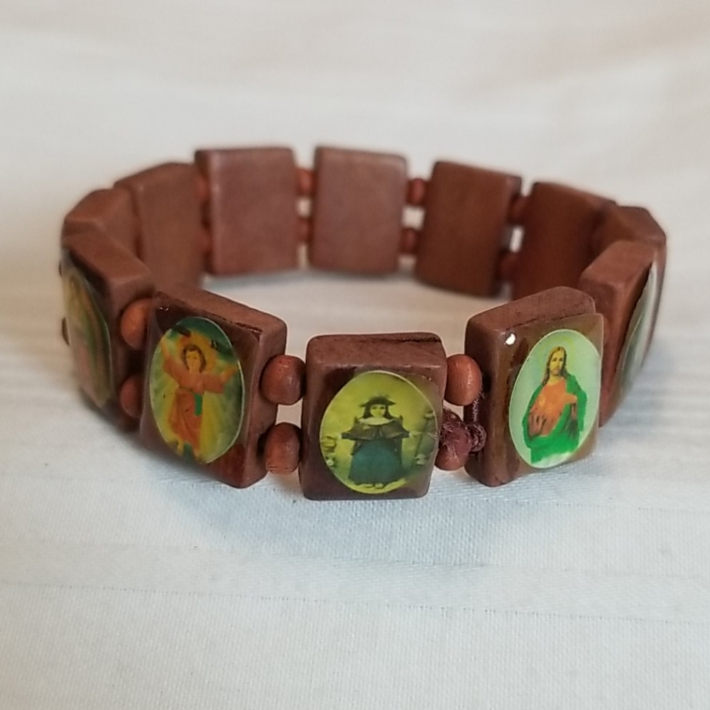 Wood Bead Religious Jesus Stretch Bracelet